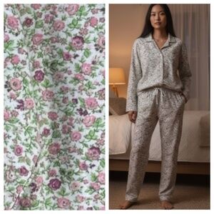 Vermont Country Store Pajamas PJs Set 2 pc. Sz Large Floral Flannel Pink Green